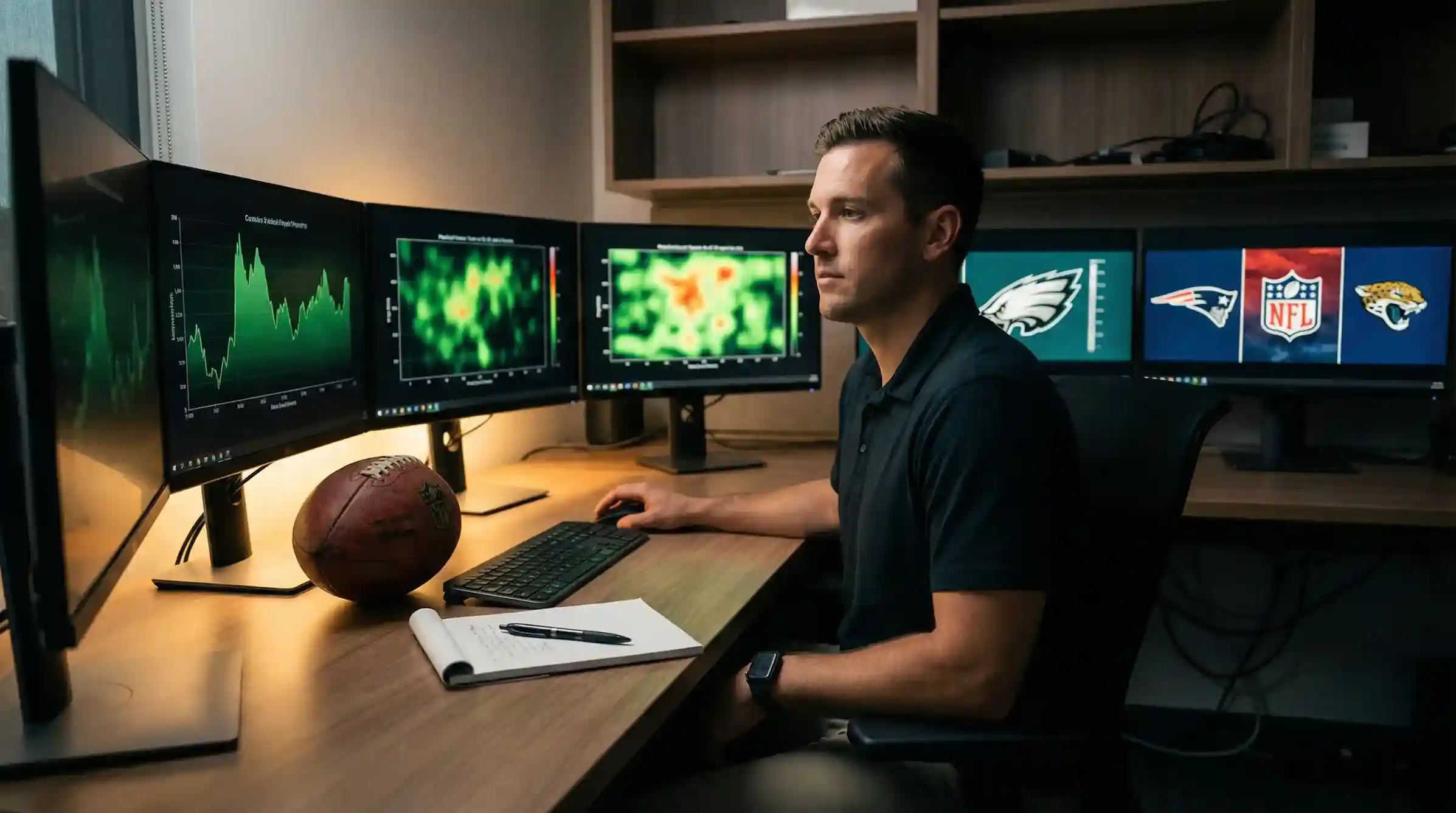 Analista estudiando estadísticas y tendencias de equipos NFL en múltiples pantallas